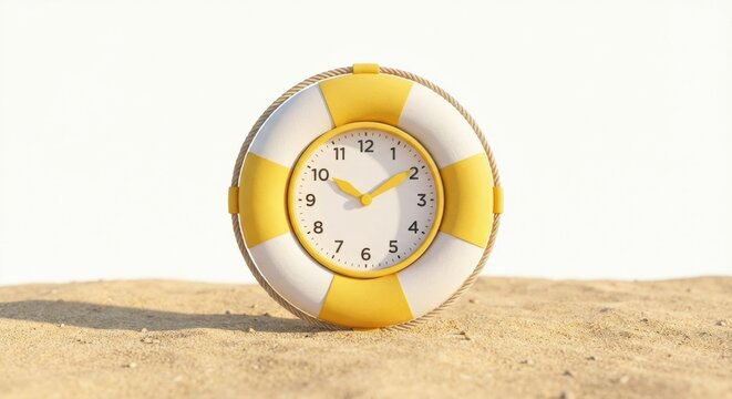 Yellow and white lifebuoy shaped clock with a rope detail sits on a sandy beach under a bright, sunny sky, symbolizing summer vacation time or a deadline