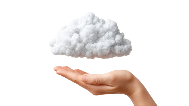Hand Holding Fluffy White Cloud on White Background