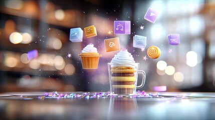 A glass of layered dessert with whipped cream and a cupcake, with floating icons and bokeh lights in a cafe setting.
