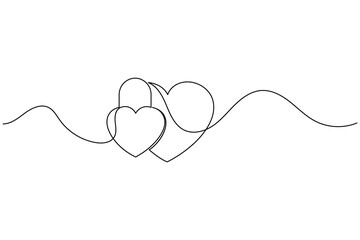 Obraz premium Continuous line art drawing of two hearts connected by a wavy line, love concept