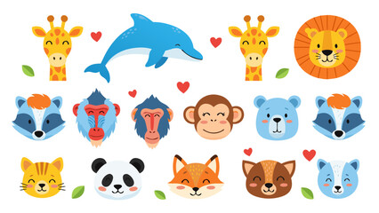 Cute Cartoon Animal Faces Giraffe, Dolphin, Lion, Raccoon, Monkey, Panda