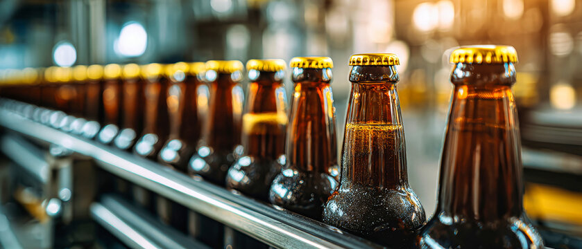 Bottles of beer on a production line in a brewery during daytime operations