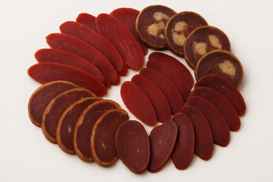 Traditional Kazakh Kazy and Karta Delicacies on White Background, High-Quality Central Asian Meat Cuisine