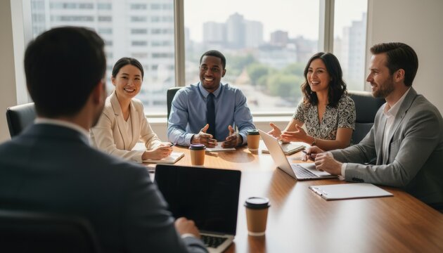 Diverse group of smiling business professionals collaborating during a meeting in a modern office boardroom with a large window and city view in the background