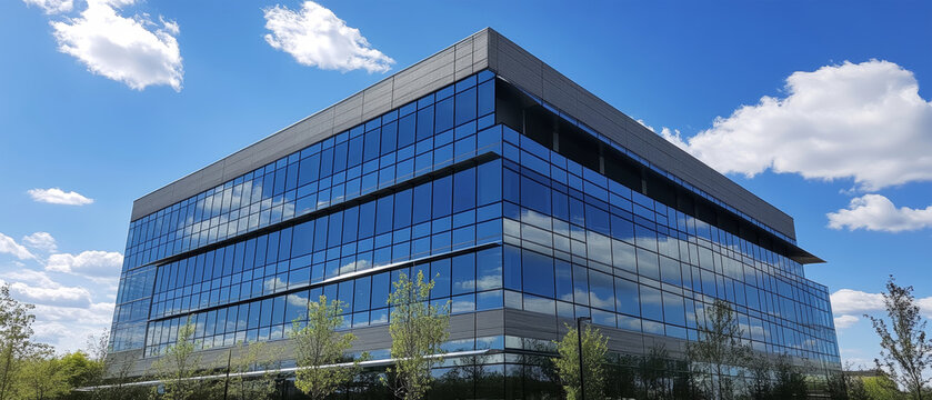 Under a bright blue sky dotted with fluffy clouds, a modern office building stands tall, showcasing its reflective glass facade and contemporary design