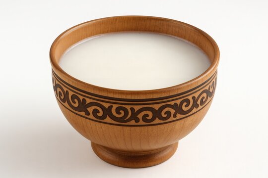 Traditional Kazakh Kymyz Fermented Mare&rsquo;s Milk in Wooden Cup on White Background for High-Quality Dairy