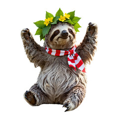 Obraz premium Cute Sloth in Red Striped Scarf with Flower Crown