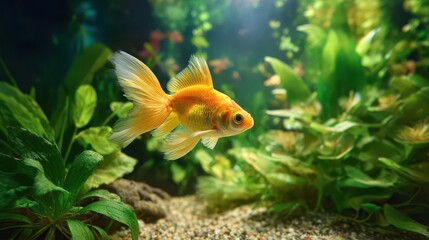 Golden fish among lush green plants in a clear aquarium
