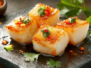 Delicious grilled tofu cubes with herbs.