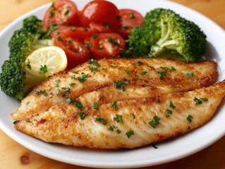 Delicious plate of healthy fish and vegetables.