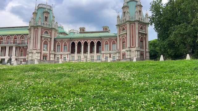Tsaritsyno is a palace and park ensemble in the south of Moscow, founded in 1776 by order of Empress Catherine II. The Grand Palace in Tsaritsyno Park in cloudy weather. 4К