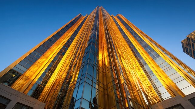 Golden high-rise building bathed in warm sunlight, modern urban architecture