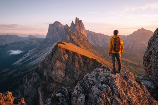 Golden hour ascent on Seceda ridge featuring a lone hiker with backpack and beanie