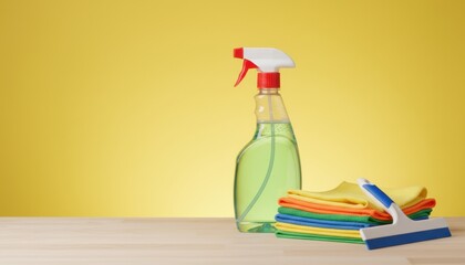 Cleaning supplies including a spray bottle, microfiber cloths, and a squeegee are arranged on a wooden table against a bright yellow background with copy space