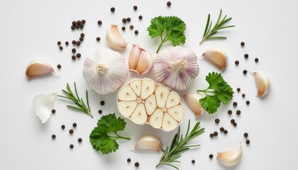 Fresh raw garlic bulbs cloves and spices with fresh rosemary and parsley herbs arranged in a beautiful culinary flat lay on a clean white background