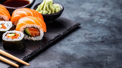 Delicious sushi served with wasabi and soy sauce.