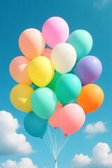 Obraz premium A vibrant bunch of pastel colored balloons floating against a blue sky
