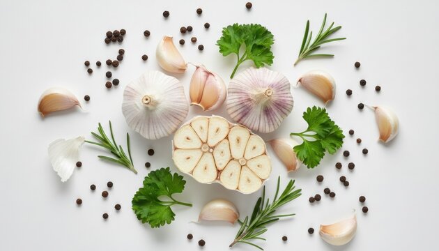 Fresh raw garlic bulbs cloves and spices with fresh rosemary and parsley herbs arranged in a beautiful culinary flat lay on a clean white background - Powered by Adobe