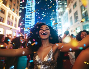 Joyful woman with a wide smile celebrating at a vibrant city street party at night with falling confetti
