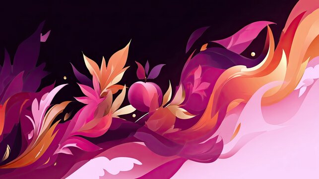 An abstract, stylized illustration of a floral composition with flowing shapes and vibrant colors, featuring leaves, and an apple against a dark background.