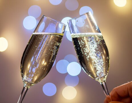 Clinking champagne glasses in a festive toast for a special occasion like New Year's Eve, a wedding, or an anniversary