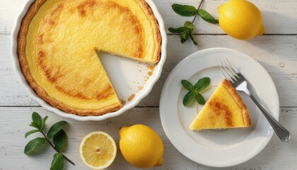 Delicious homemade lemon custard tart with a golden crust, with a single slice served on a plate with fresh mint and lemons on a rustic white wooden table