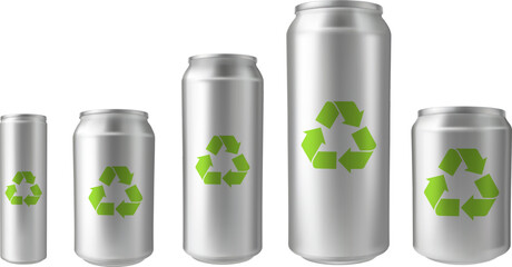 Aluminum drink can different volumes with green recycle sign, vector realistic ecological metallic tin can drink package
