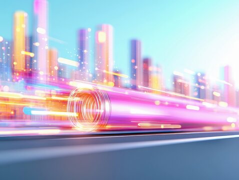 An abstract image of a futuristic city with blurred light trails and a sense of speed and motion, with a colorful and vibrant aesthetic.