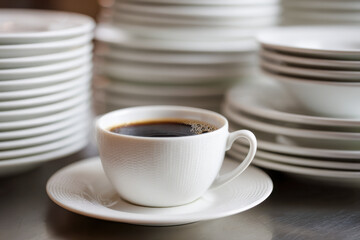 Fototapeta premium White ceramic cup filled with freshly brewed black coffee placed on matching saucer surrounded by neatly stacked white plates in a kitchen setting