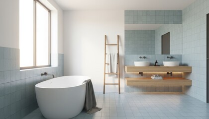 Modern bathroom interior with a freestanding white bathtub, wooden double vanity, and light blue tiles creating a serene, minimalist spa-like atmosphere with bright natural light