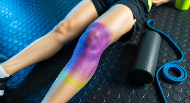 Knee with purple swelling on gym floor, sports injury and recovery tools in fitness context - Powered by Adobe