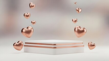 Elegant White and Rose Gold Pedestal with Floating Hearts for Product Display.