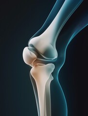 Knee joint medical illustration in style of x-ray with light blue and white colors on dark background, anatomy diagram