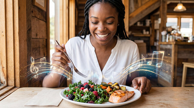 Happy woman dines with personalized AI music experience