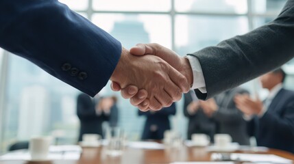 Handshake after a successful merger: two professionals celebrate partnership in a modern office
