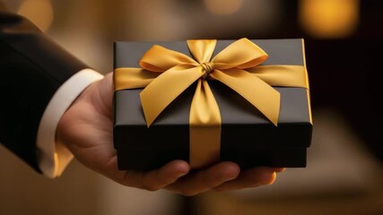 Cinematic close-up of a man holding a black gift box with a golden ribbon. Luxury celebration atmosphere, elegant surprise, festive event and premium present concept.