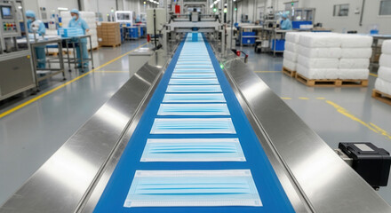 Fototapeta premium Surgical mask manufacturing on conveyor belt, industrial production and healthcare supply chain
