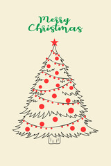 Merry Christmas holiday greeting card with winter celebration decoration and new year season illustration of a festive fir tree, snow, and star design
