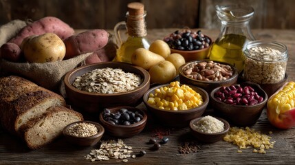 Fototapeta premium Healthy carbohydrate sources displayed on a rustic wooden table