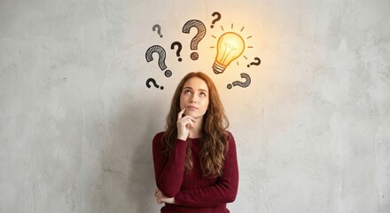 Thoughtful young woman with long hair looking up at illustrated question marks and a glowing lightbulb, representing a creative idea and problem-solving on a grey background