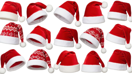 A festive collage of Santa hats in various styles and orientations, perfect for Christmas.