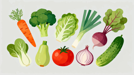 This vibrant illustrated collection features a variety of fresh vegetables (carrots, broccoli, tomatoes, lettuce, etc.) in colorful, detailed artwork, arranged against a plain white background.