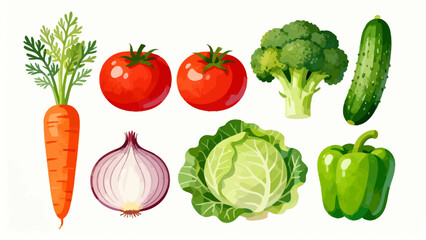 This vibrant illustrated collection features a variety of fresh vegetables (carrots, broccoli, tomatoes, lettuce, etc.) in colorful, detailed artwork, arranged against a plain white background.