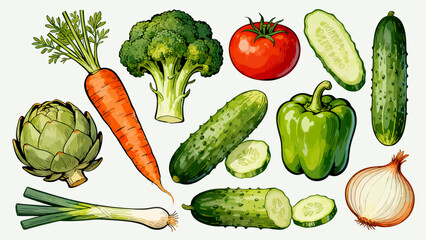This vibrant illustrated collection features a variety of fresh vegetables (carrots, broccoli, tomatoes, lettuce, etc.) in colorful, detailed artwork, arranged against a plain white background.