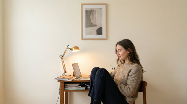 Woman working remotely on laptop at cozy home office desk setup