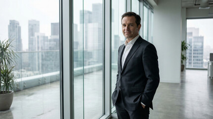 Fototapeta premium Confident Businessman in Modern Office with City View