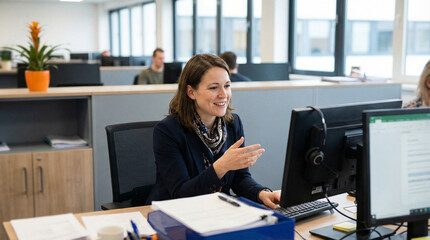 Smiling Female Professional in Modern Office During Video Call or Meeting