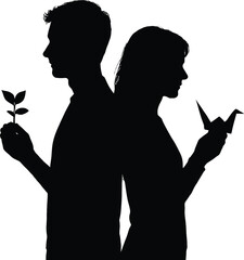 Silhouette of a couple with a plant and origami bird facing away