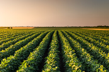 Open soybean field at sunset.