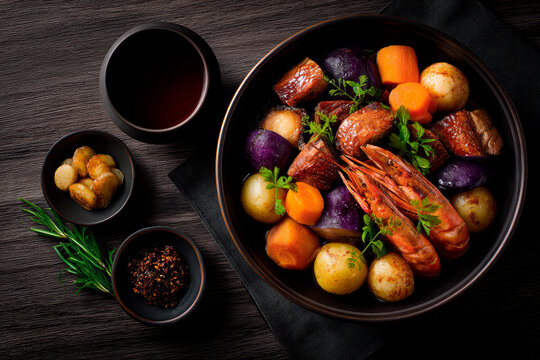 poon choi with perfect ingredient arrangement on black stone background. Top view